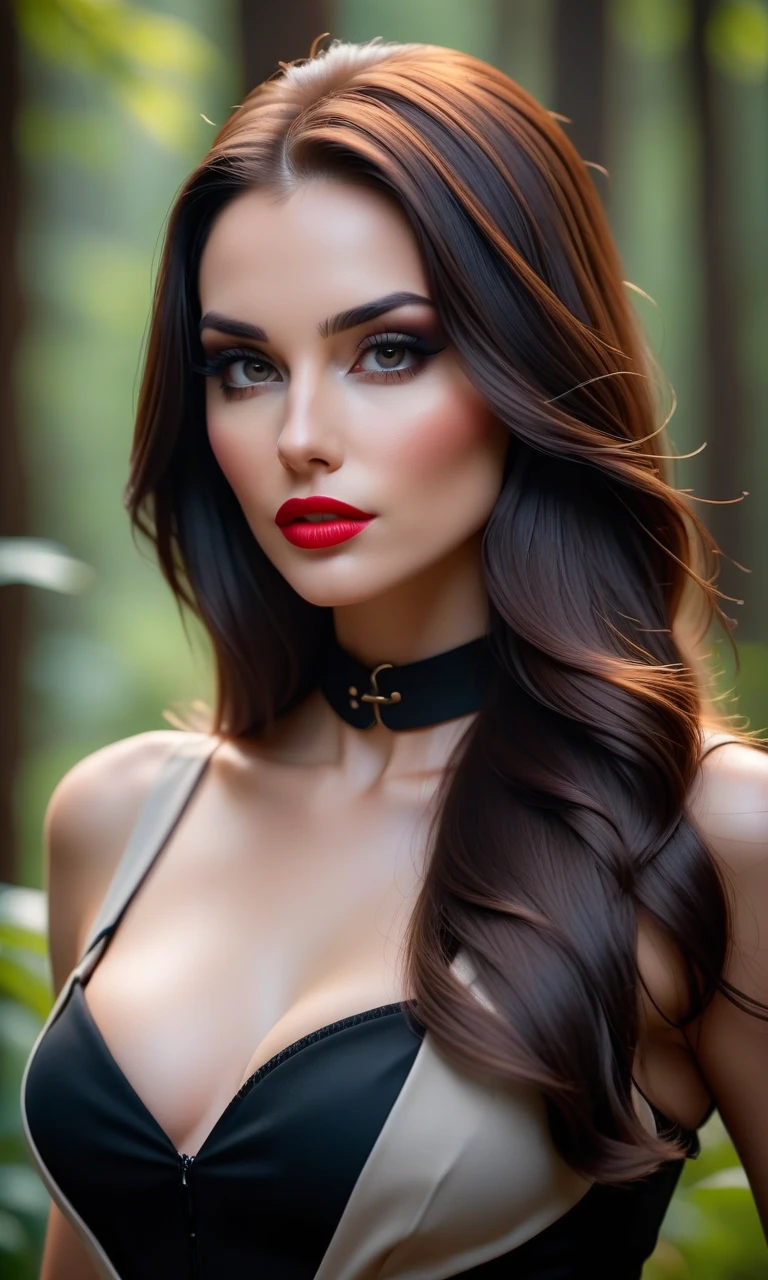 Фото, девушка-брюнетка с длинными волосами, с завязанными черной лентой глазами, губы алые, кожа бледная, атмосфера таинственности, нуар, реализм