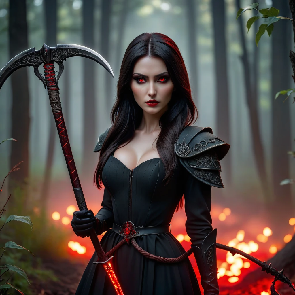 Фото, девушка с тёмными волосами, красными глазами, в чёрном кожаном костюме держит в руках косы тени Смерти, реализм