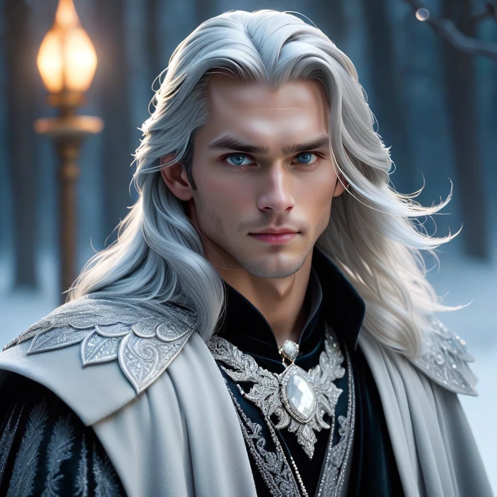 Арт, ночь, молодой, красивый мужчина, волевое лицо, серебристые белые длинные, очень длинные до плеч волосы падают на плечи, одежда сверкает драгоценностями. Холодная красота мужественного, идеально чистого лица завораживает. Белоснежная кожа сверкает в лунном свете. Глаза серые, словно ледяные кристаллы. Он кутается в плащ из черного темного бархата, украшенный серебряными узорами в виде чешуи дракона и сверкающими драгоценностями, под плащом скрывается темное одеяние, расшитое жемчужинами и кристаллами. Он несет запах зимы - снег, мороз и ветер, который проникает сквозь кожу. Окутанный магией тумана, он смотрит прямо на зрителя. Одет как граф. Арт, красивый арт, реализм. магия.