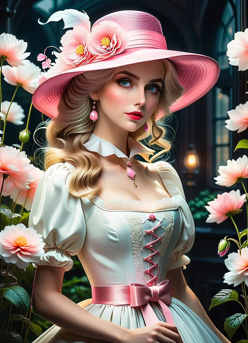 18 century, beautiful, vibrant flowers, lovely pink white flowers, baby girl with hat, 5 old year, blonde hair, white dress, oil painting, charming rustic, vintage feel to it, variety of colorful blooms of all varieties, curls, graphic, drawing, old paper, rococo style, vintage design, vintage, mysterious light, black background, trending on artstation, sharp focus, studio photo, intricate details, highly detailed
