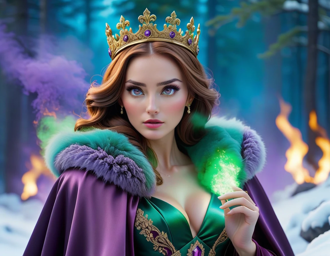 Фото, девушка брюнетка в фиолетовом палье и меховой накидке фиолетового цвета , руки перед собой, в левой руке- зеленый огонь, переходящий в снег, в правой руке корона Российской империи, чистый синий фон реализм.