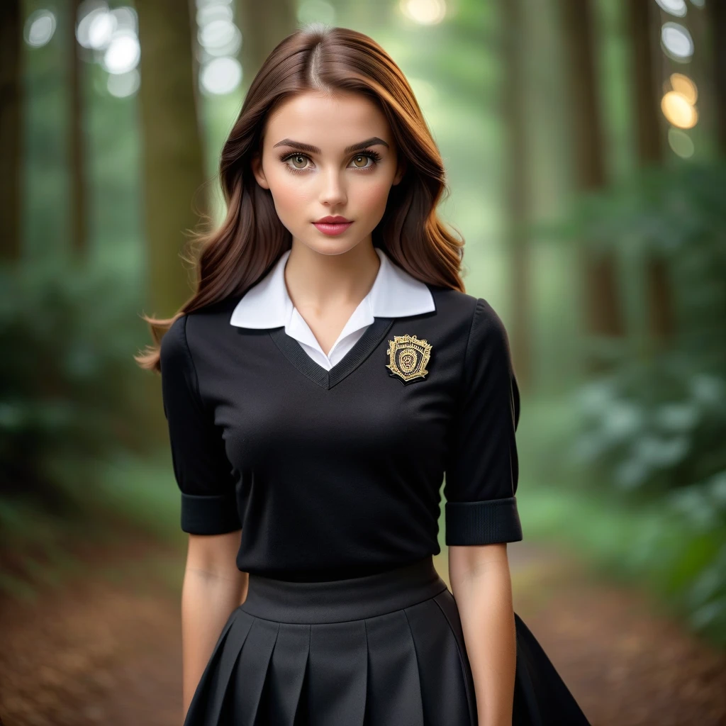 Фото, девушка брюнетка с тусклыми волосами и глазами, лицо рябое, одета в черную школьную форму (пиджак, юбка), реализм