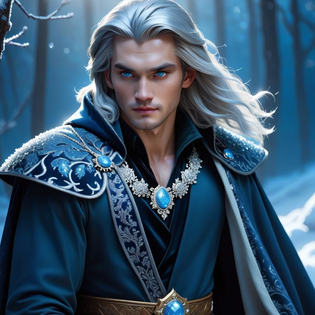 Арт, ночь, молодой, красивый мужчина, волевое лицо, серебристые длинные волосы падают на плечи, одежда сверкает драгоценностями. Холодная красота мужественного, идеально чистого лица завораживает. Белоснежная кожа сверкает в лунном свете. Глаза напоминают глубокие холодные озера. Они меняют цвет от ярко-голубого до темно синего, словно ледяные кристаллы. Он кутается в плащ из темного бархата, украшенный серебряными узорами в виде чешуи дракона и сверкающими драгоценностями, под плащом скрывается темное одеяние, расшитое жемчужинами и кристаллами. Он несет запах зимы - снег, мороз и ветер, который проникает сквозь кожу. Окутанный магией тумана, он смотрит прямо на зрителя. Одет как граф. Арт, красивый арт, реализм. магия.