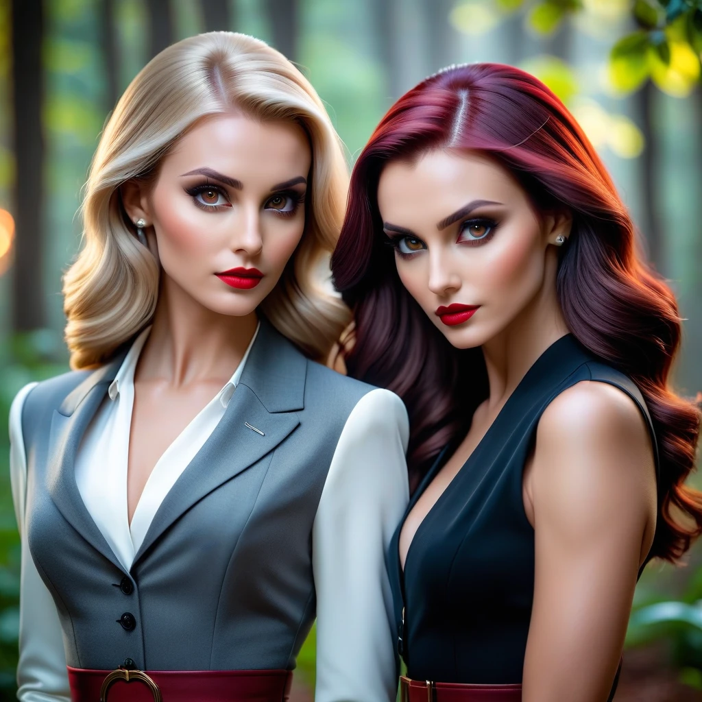 Фото, две сестры-близняшки, одна блондинка, другая брюнетка в деловых классических костюмах, вампиры, реализм