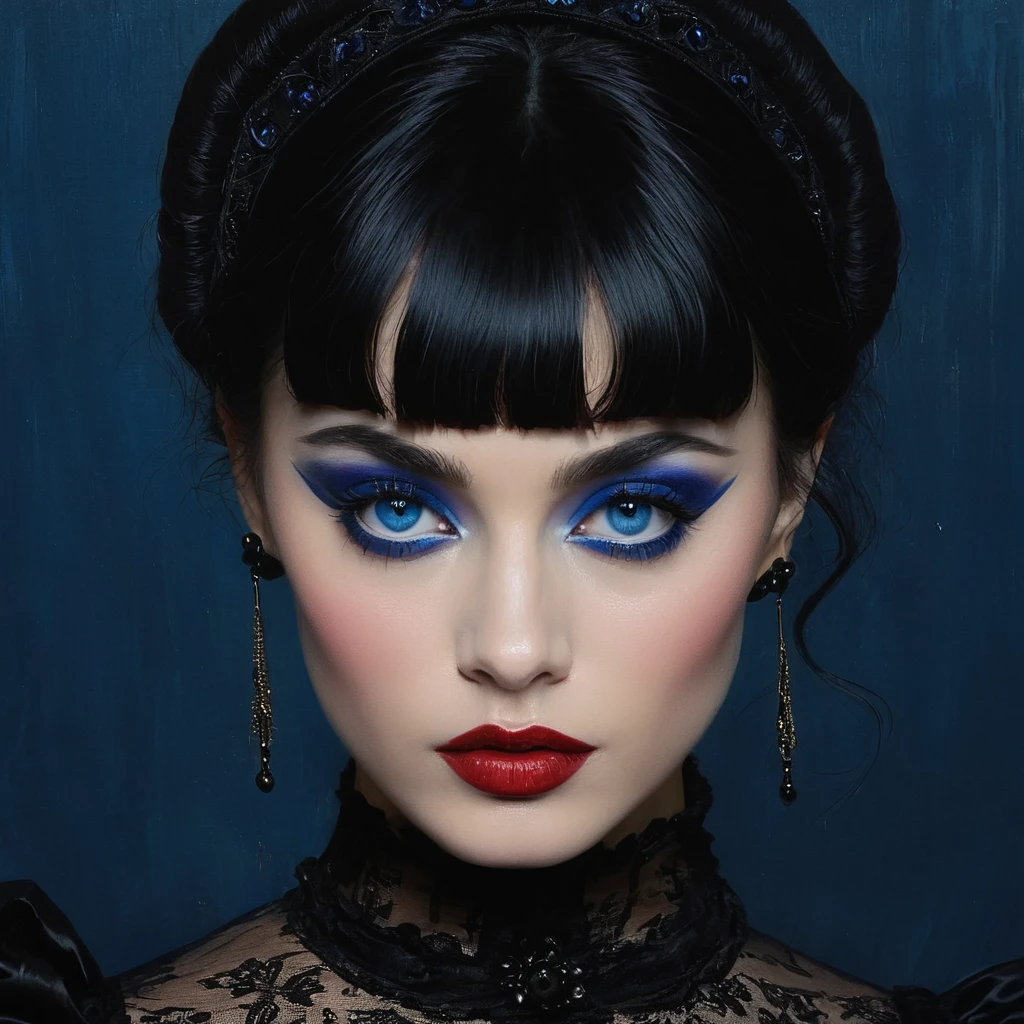(Masterpiece, acrylic painting: 1.7). Gothic girl,Serious dark Gothic style costume， with short black hair, wide blue eyes，Tender lips,Mature and steady，Full and elegant，Elegant and dignified，Staring straight ahead，Beautiful face。Coordination of the five senses，Slim，Aggressiveness，Strong， Full body photo，Street at night. UHD. HDR.