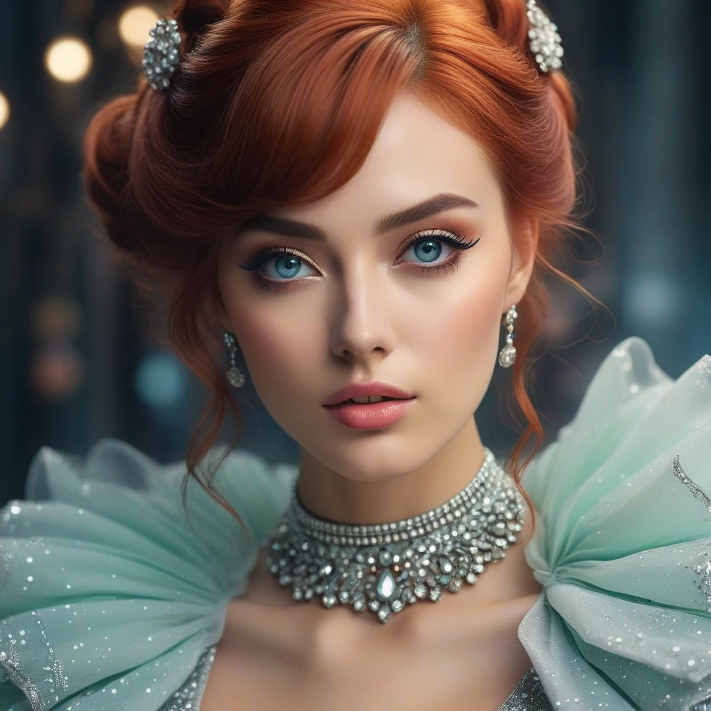 (Masterpiece, acrylic painting: 1.7). Girl reen_haired. (((( retro), enchanted), unearthly)), magical, high fantasy, waist up, perfect eyes, huge eyes, kawaii eyes, gaze, fstop, depth of field, cinematic lighting, best illumination, cinematic, 18 years old, cute, fit, stunning, dazzling, atmospheric, vibrant, 4k, HDR