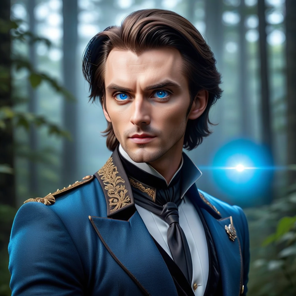 Фото, молодой мужчина, брюнет, средняя длина волос, ярко-голубые глаза, одет как граф, реализм