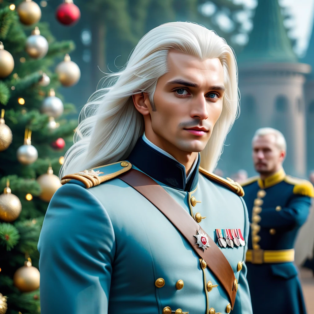 Фото, молодой мужчина с длинными белыми волосами, одет в парадную военную форму времен Николая 2, он в Александровском дворце, вокруг него танцующие пары, Рождественская ель, столы с закусками, реализм