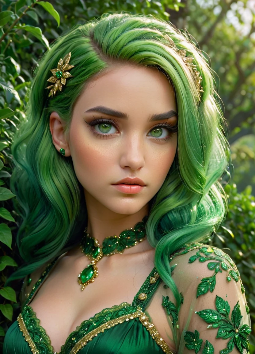 Photorealism, Intricate Details, Extremely Detailed, Masterpiece, Masterpiece, Outstanding Complexity, Best Quality, Hires Textures, High Detail, Incredibly Detailed. Girl Green hair. Green eyes. Full make-up. Green dress. There are green bushes in the background. The lighting is a light golden color.