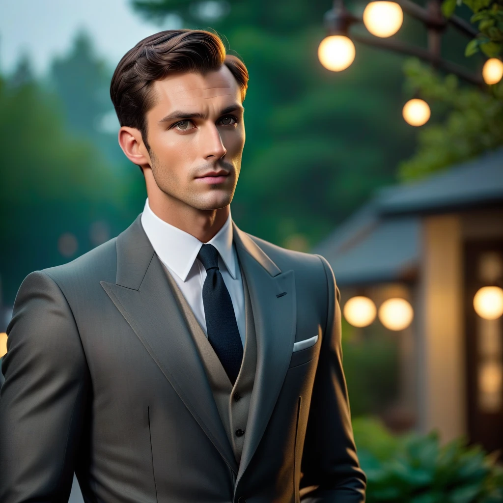 Фото, молодой мужчина с короткими темными волосами "под ноль", одет в классический костюм, реализм